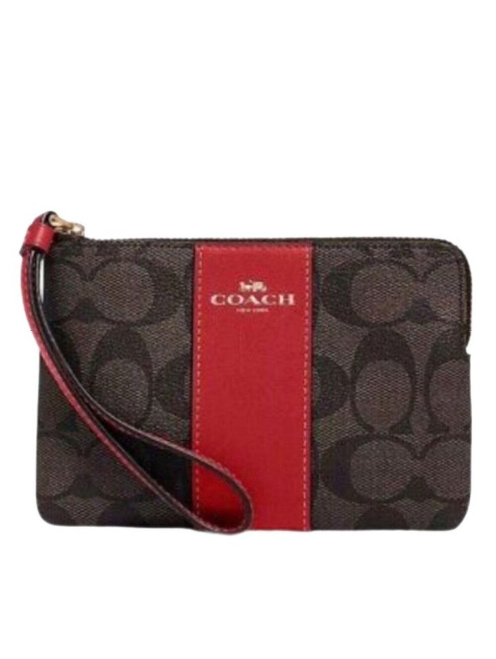 🍫 Coach Mahogany Brown Dark Red Signature Stripe Corner Zip Wallet Wristlet